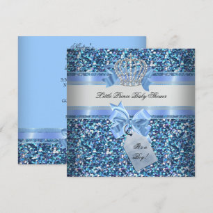 Glitter Baby Shower Pojke Blå Lille Prins Krona Inbjudningar