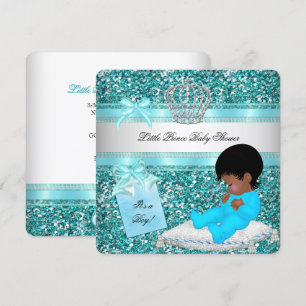 Glitter Baby Shower Pojke Teal Lille Prins Krona Inbjudningar
