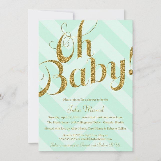 Glitter Babyskons inbjudan med Mint Chevron (Framsida)