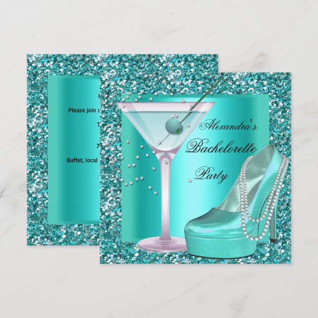 Glitter Bachelorette Party Aqua Teal Blue Inbjudningar (Fram/baksida)