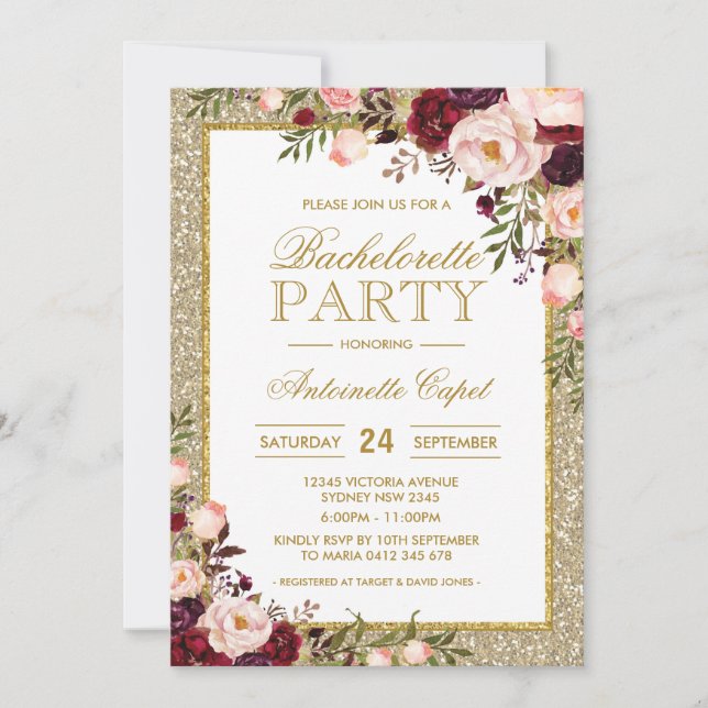 Glitter Bachelorette Party Burgundy Blommigt Inbju Inbjudningar (Framsida)