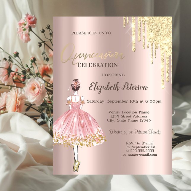 Glitter, Ballerina,Ro Guld Quinceañera Inbjudningar (Skapare uppladdad)