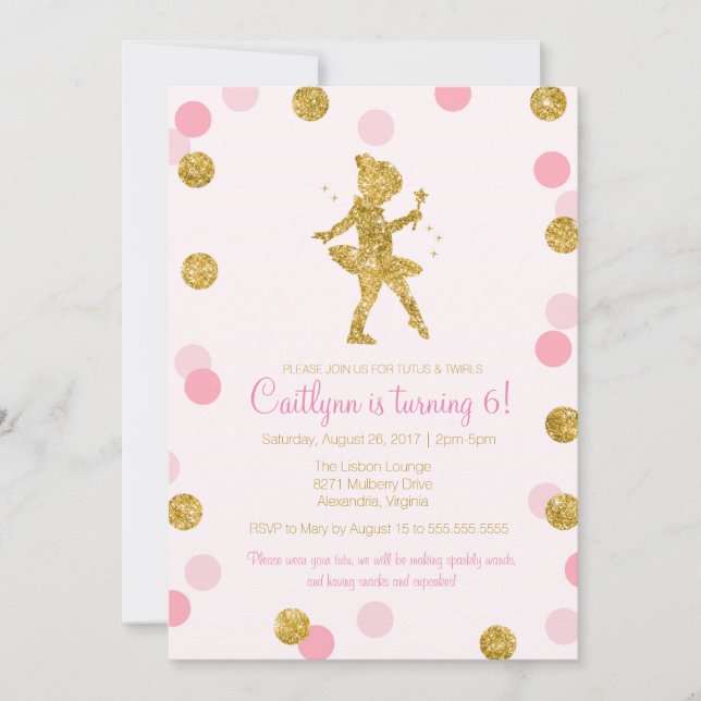 Glitter Ballerina, Rosa och Guld Gnistra Födelseda Inbjudningar (Framsida)
