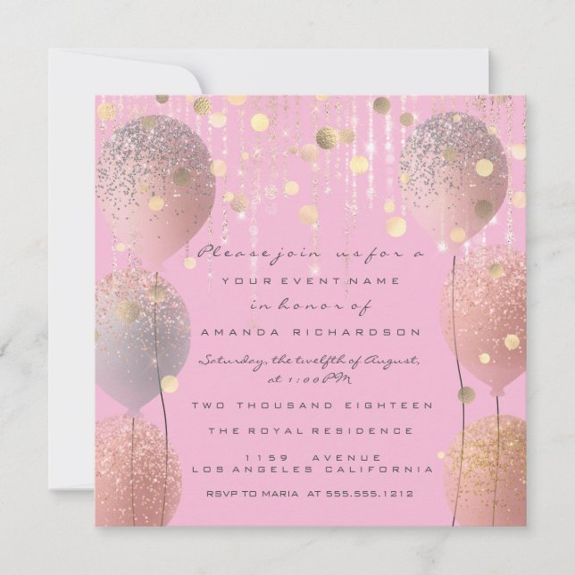 Glitter-ballonger Ro Möhippa Söt 16:e Rosan Inbjudningar (Framsida)