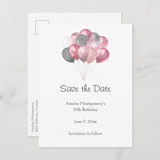 Glitter Balloon Bunch Rosa och Silver Meddelande Vykort (Fram/baksida)