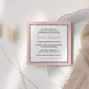 Glitter Bat mitzvah Ljusa rosa och Silver Square Inbjudningar
