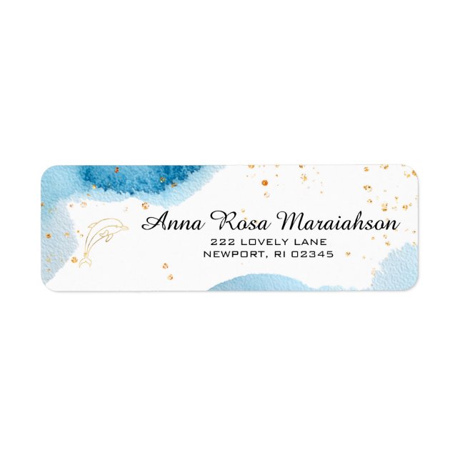 *~*Glitter Beach Nautical Ocean Guld DOLPHIN Returadress Etikett (Framsidan)