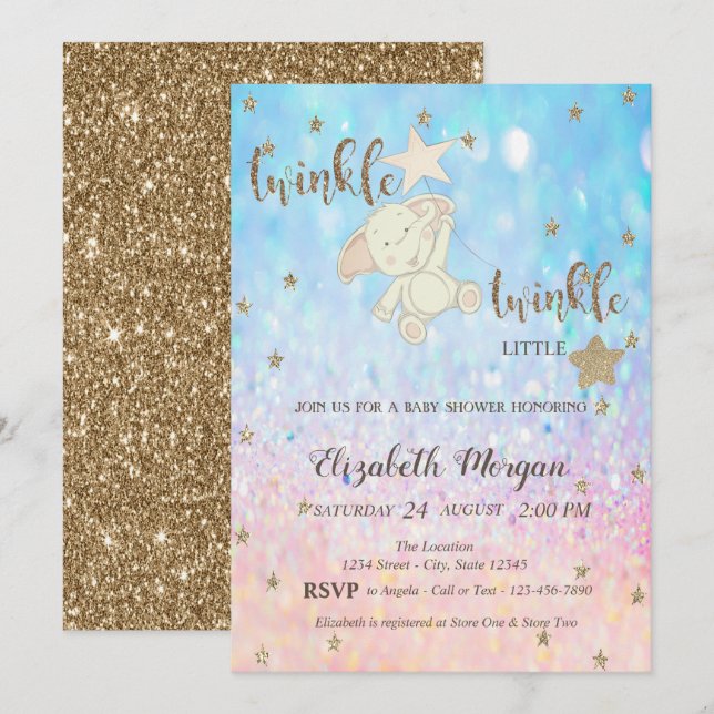 Glitter Bear Twinkle Little Star Bokeh Baby Shower Inbjudningar (Fram/baksida)