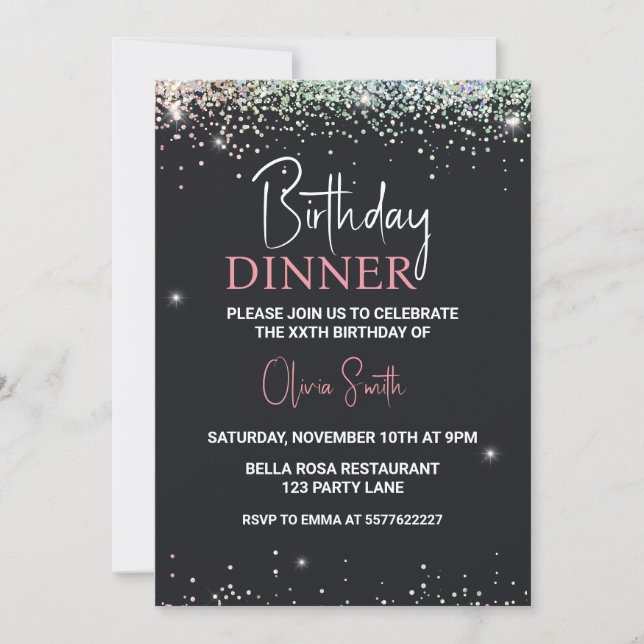 Glitter Black Gnistra Birthday Midday Inbjudningar (Framsida)