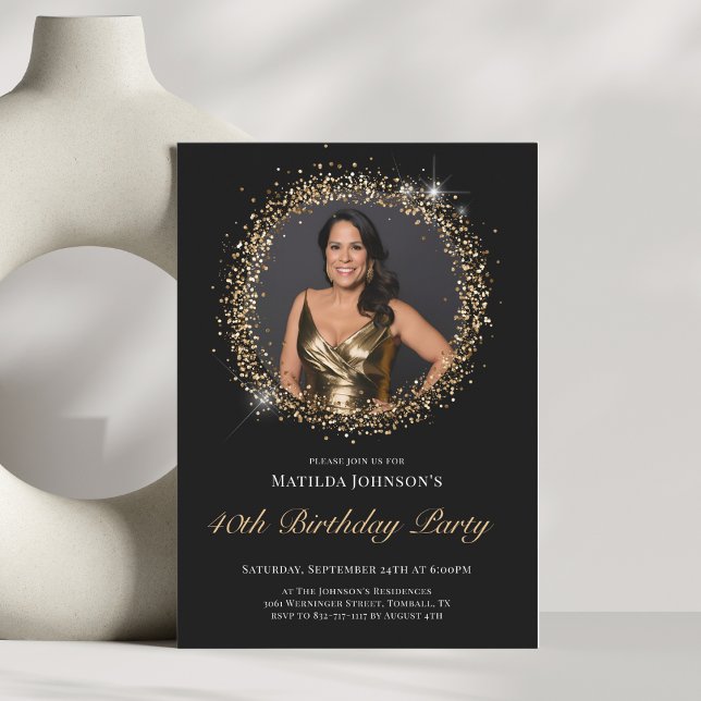 Glitter Black Guld 40:e födelsedagsinbjudan Inbjudningar (Glitter Black Gold 40th Birthday Party Invitation)