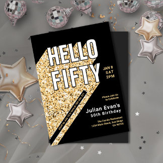 Glitter Black & Guld, fetstil 50:e födelsedag Inbjudningar