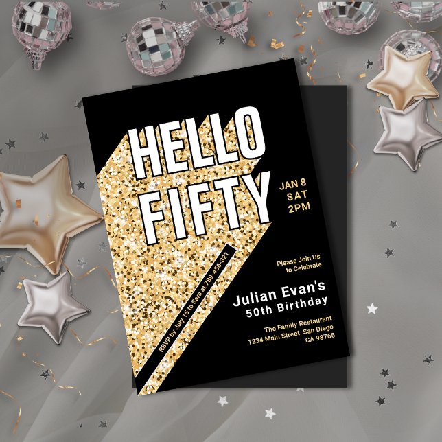 Glitter Black & Guld, fetstil 50:e födelsedag Inbjudningar (Glitter Black & Gold Bold Typography 50th Birthday Invitation)