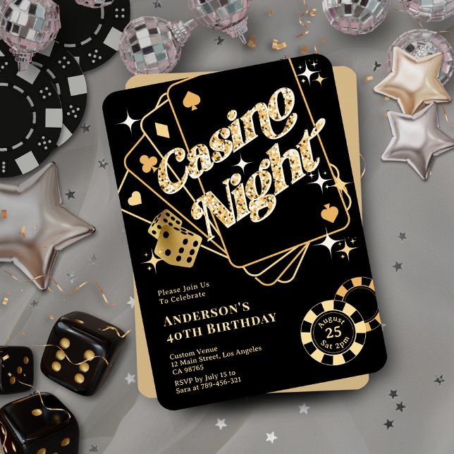 Glitter Black & Guld Sparkling Vegas Casino Night Inbjudningar (Glitter Black & Gold Sparkling Vegas Casino Night Invitation )