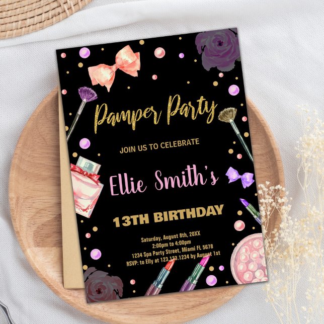 Glitter Black Pamper Party-födelsedagsinbjudan Inbjudningar (Glitter Black Pamper Party Birthday Invitations)