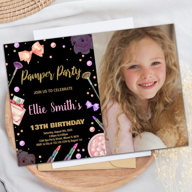 Glitter Black Photo Pamper Party Birthday Inbjudningar (Glitter Black Photo Pamper Party Birthday Invitation)