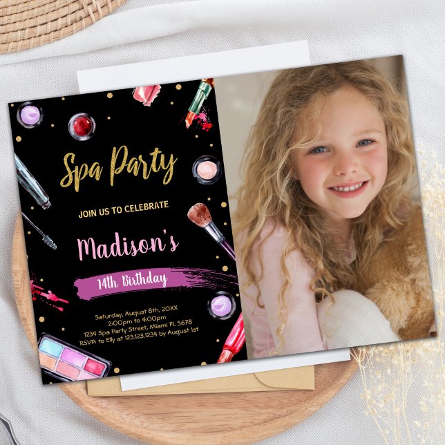 Glitter Black Photo Spa Birthday-inbjudningar Inbjudningar (Glitter Black Photo Spa Birthday Invitations)