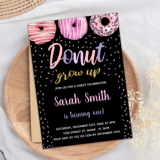 Glitter Black Rosa Light Donut Birthday Inbjudningar (Glitter Black Pink Light Donut Birthday Invitation)
