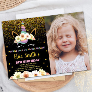 Glitter Black Unicorn Birthday-inbjudningar med fo Inbjudningar