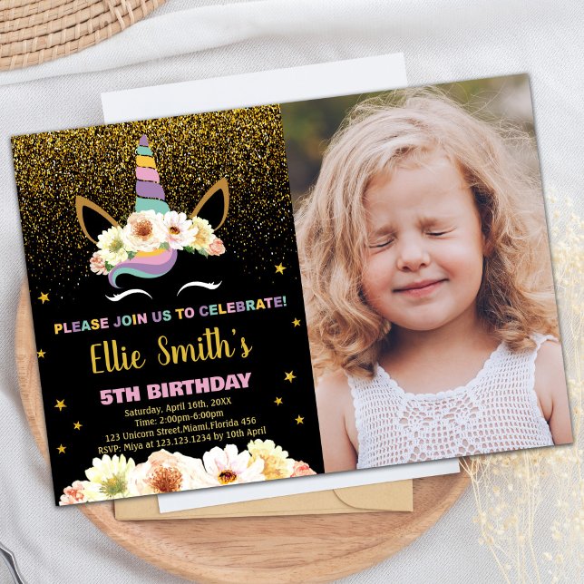 Glitter Black Unicorn Birthday-inbjudningar med fo Inbjudningar (Glitter Black Unicorn Birthday Invitations w photo)
