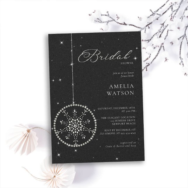 Glitter Bling Snowflake Black White Möhippa Inbjudningar (winter bridal shower invitation christmas bauble snowflake bling rhinestones glitter black white )
