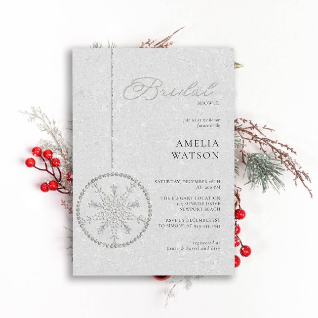 Glitter Bling Snowflake White Winter Möhippa Inbjudningar (winter bridal shower invitation christmas bauble snowflake bling rhinestones glitter white classy)