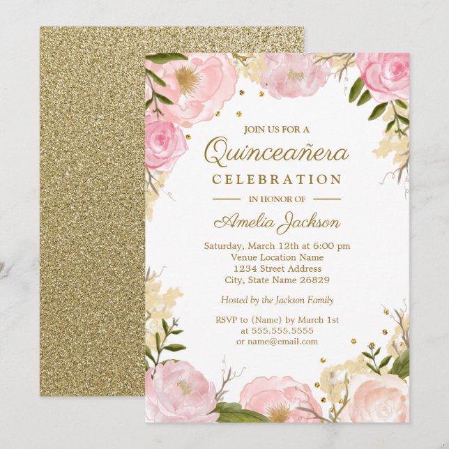 Glitter Blommig Rosa Guld Quinceanera Inbjudningar (Fram/baksida)