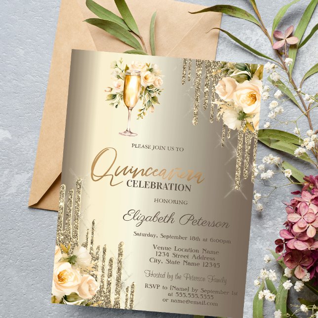 Glitter Blommigt Champagne Glass Quinceañera Inbjudningar (Skapare uppladdad)