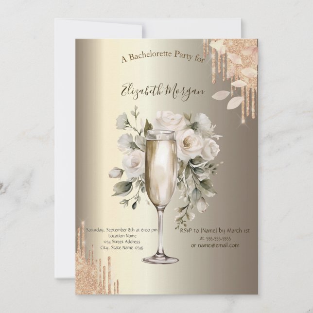 Glitter Blommigt Glass Champagne Bachelorette Inbjudningar (Framsida)