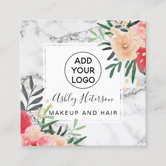 Glitter blommigt vattenfärgsmarmor logotyp hårsmin fyrkantigt visitkort (Framsida)