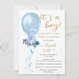 Glitter Blue Blommigt Balloon Boy Shower Inbjudningar