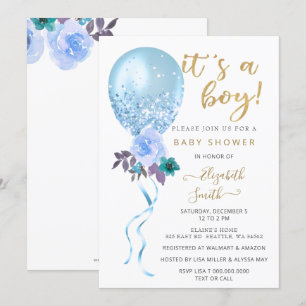 Glitter Blue Blommigt Balloon Boy Shower Inbjudningar