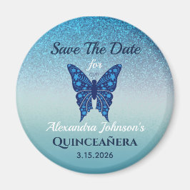 Glitter Blue Butterfly Quinceanera Spara datum Magnet