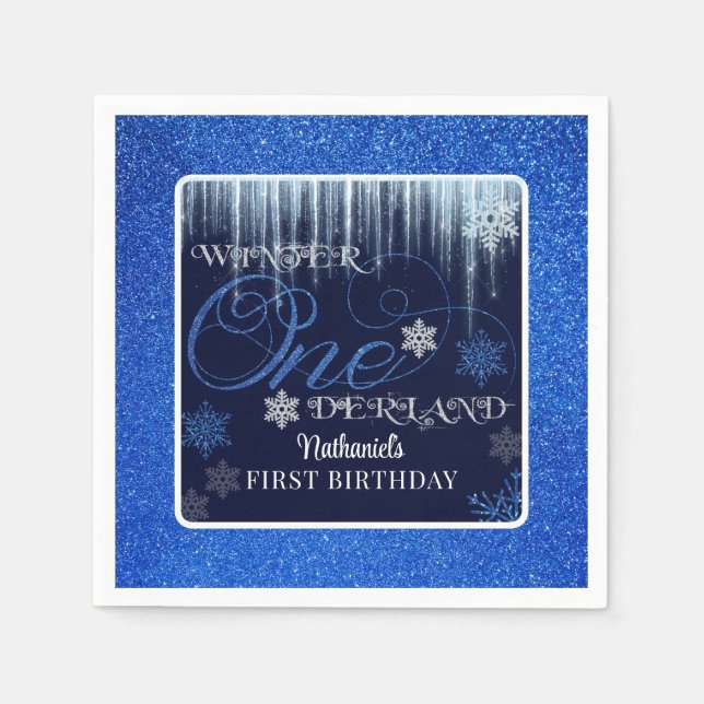 Glitter Blue First Birthday Winter ONEderland Pappersservett (Framsidan)