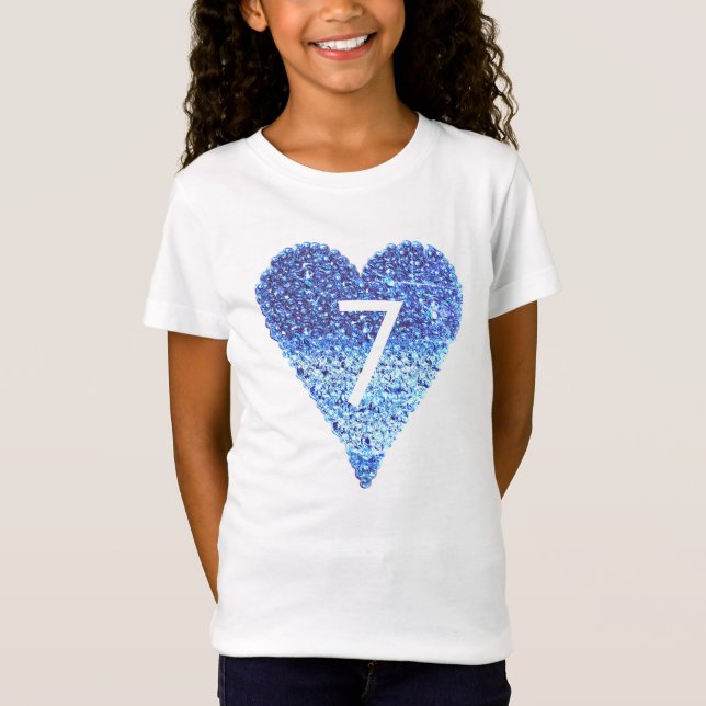 Glitter Blue Heart 7:e Birthday flicka T Shirt (Framsida)