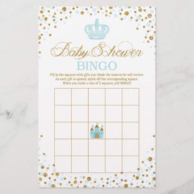 Glitter Blue Royal Krona Prince Baby Shower Bingo (Framsida)