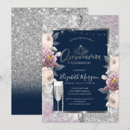 Glitter, Boho blommor, Glaspärlor Blå Quinceanera Inbjudningar