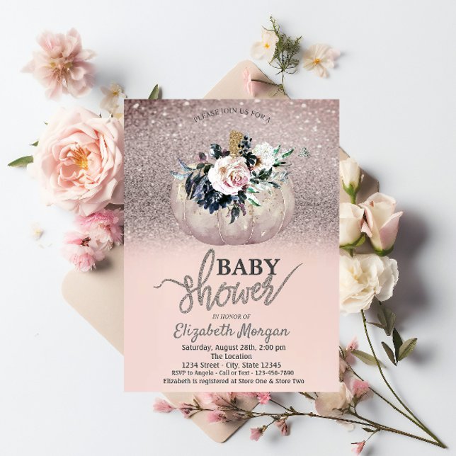 Glitter Bokeh, Blommig Pumpa Baby Shower  Inbjudningar (Skapare uppladdad)