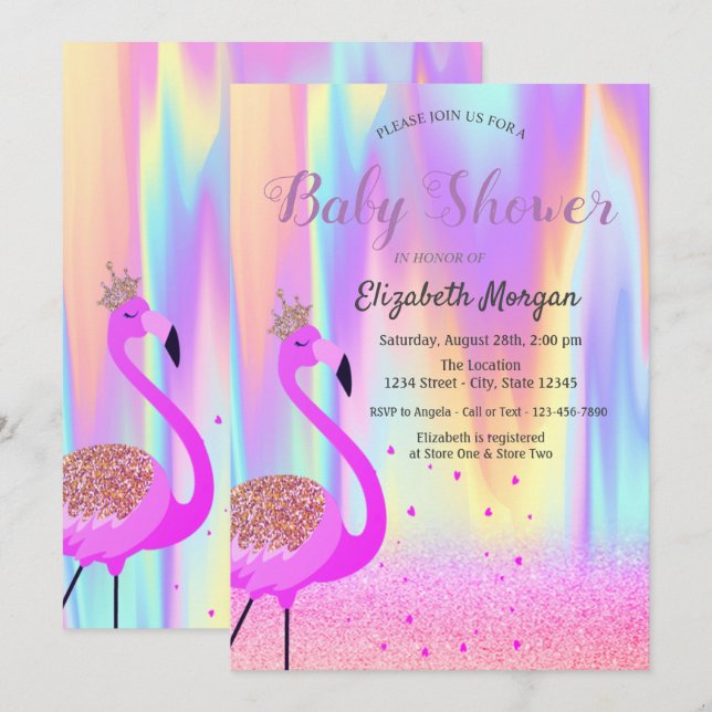 Glitter Bokeh, Flamingo, Ombre Holografisk Inbjudningar (Fram/baksida)