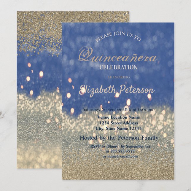 Glitter Bokeh Guld Diamonds Quinceañera Inbjudningar (Fram/baksida)
