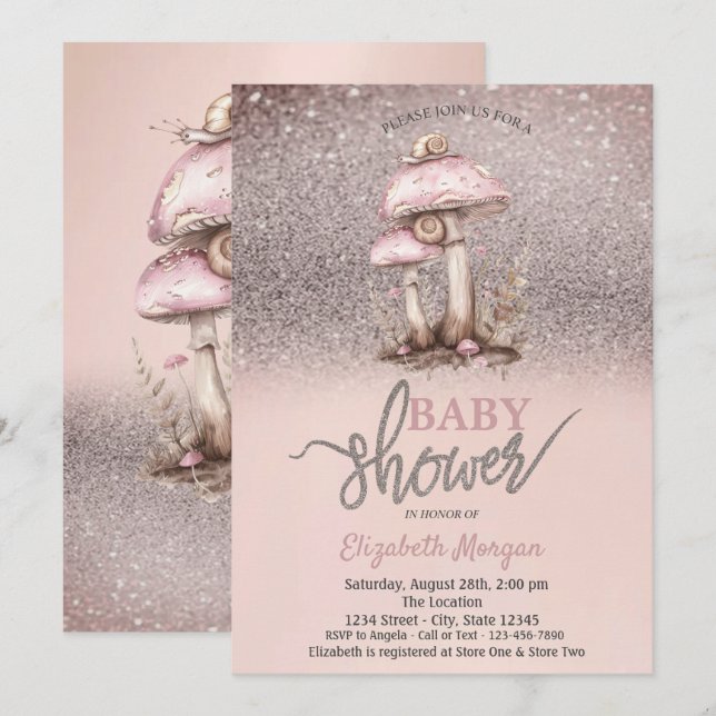 Glitter Bokeh,Mushroom Snigel Baby Shower Inbjudningar (Fram/baksida)