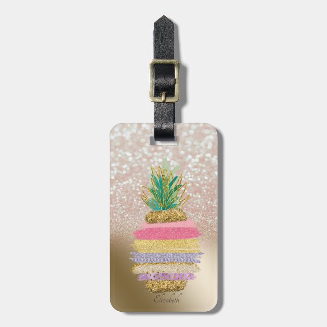 Glitter Bokeh Ombre, Randig Ananas Bagagebricka (Vertikal Framsida)