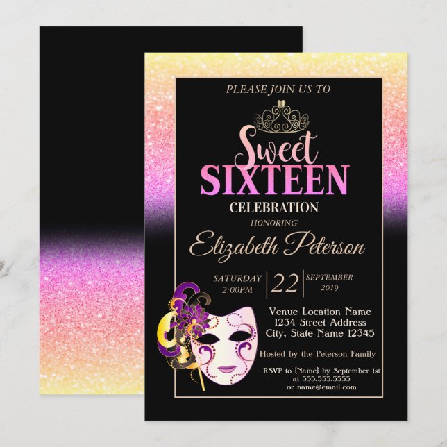 Glitter Bokeh, Tiara, Masquerad Sweet 16 Party Inbjudningar (Fram/baksida)