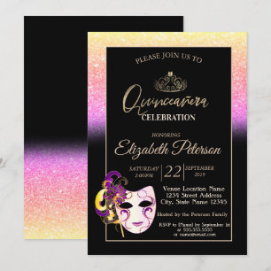 Glitter Bokeh, Tiara, Masquerade Quinceañera Inbjudningar
