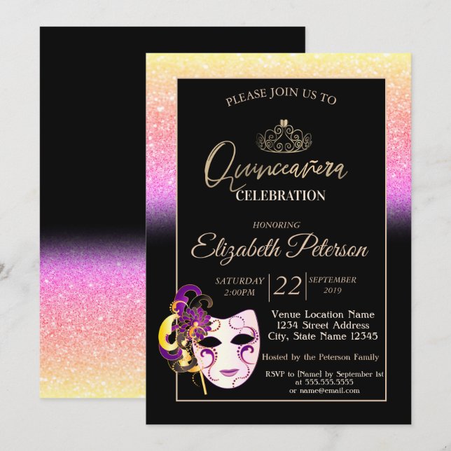 Glitter Bokeh, Tiara, Masquerade Quinceañera Inbjudningar (Fram/baksida)