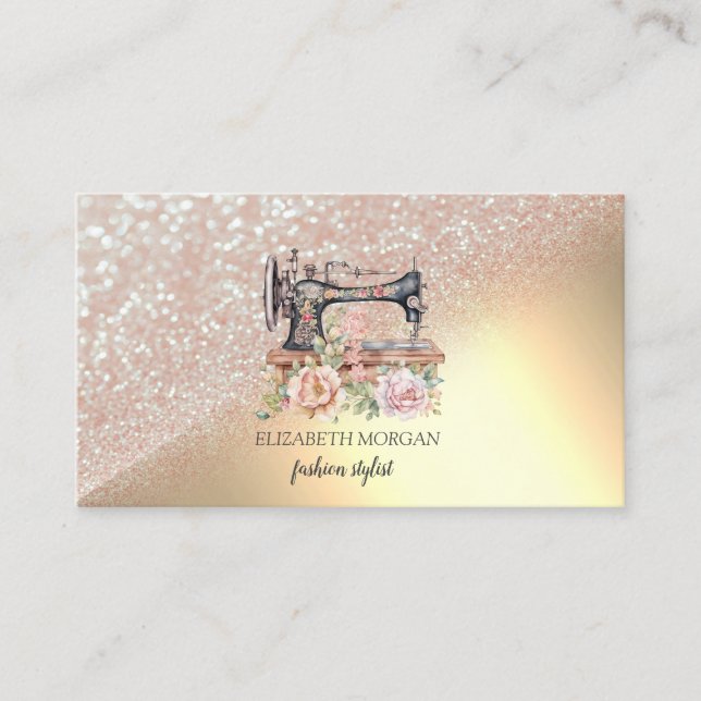 Glitter Bokeh Vintage Blommig Symaskin Visitkort (Framsida)