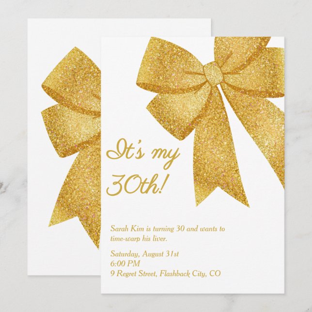 Glitter Bow "Det är min 30:e!" Lustig Vuxen Birthd Inbjudningar (Fram/baksida)