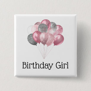 Glitter Bubons Rosa och Silver Birthday Girl Knapp