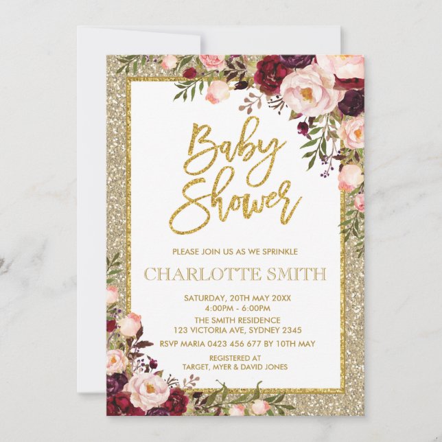 Glitter Burgundy Rosa Blommigt Baby Shower Inbjuda Inbjudningar (Framsida)