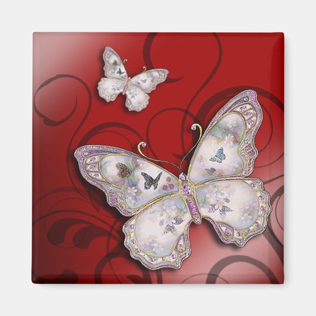 "Glitter Butterflies" (röd) av Cheryl Daniels Magnet (Framsidan)