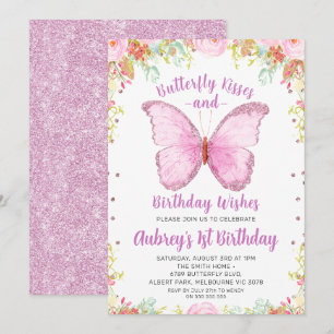 Glitter Butterfly Kisses Birthday Önskemål Inbjudningar